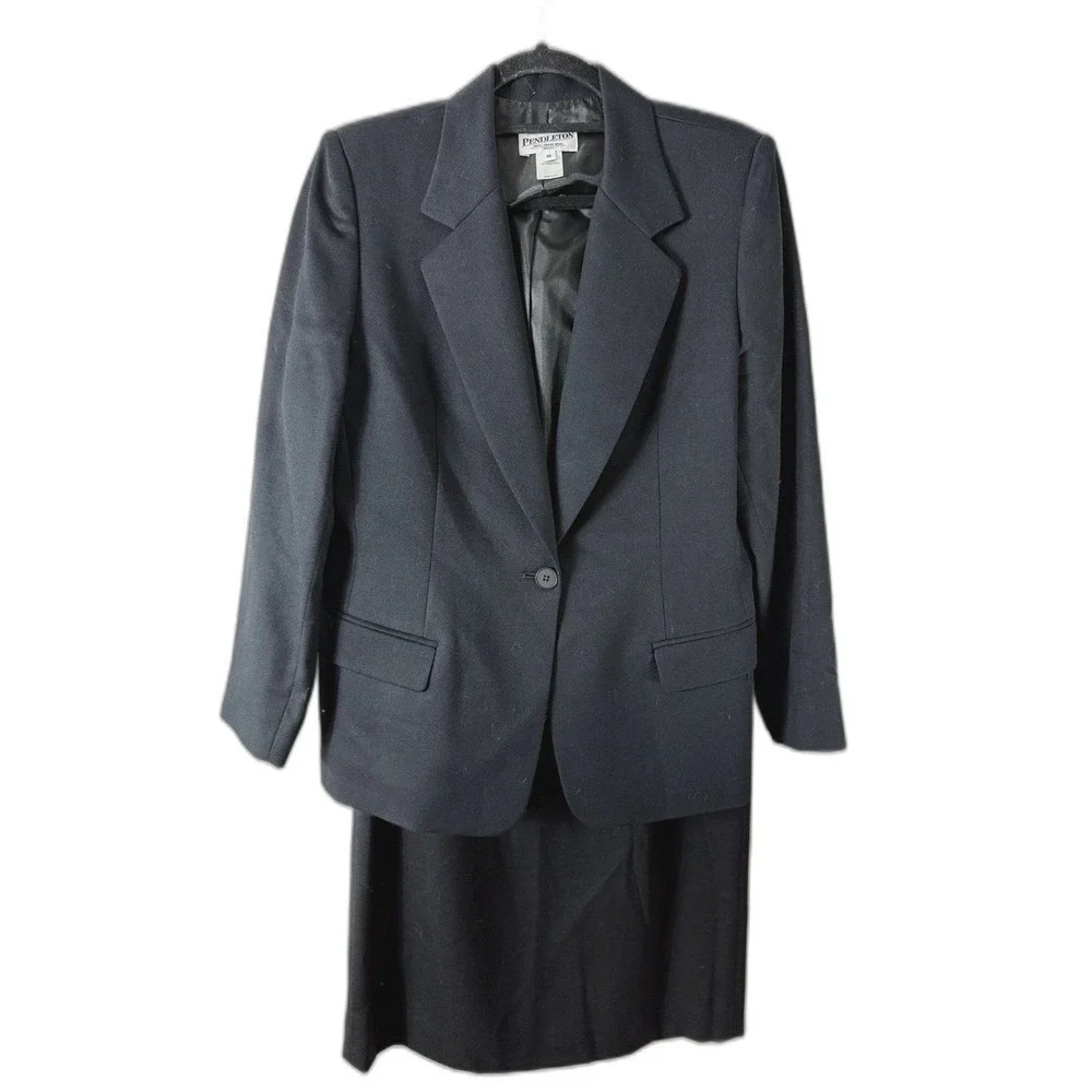 Pendleton Black 100% Virgin Wool Skirt Suit Set Blazer Pencil Skirt 10P USA‎